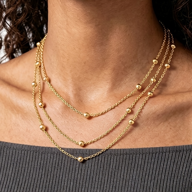 Women's 3-Layer Stackable Bead Necklace, 18K Golden Plated